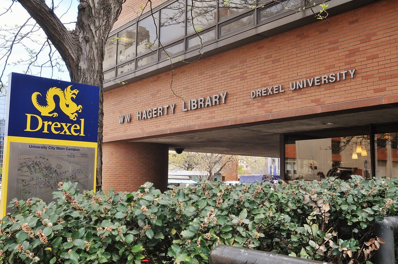 The front entrance to the Hagerty Library with a Drexel map 